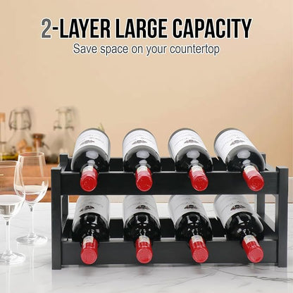 Bamboo Wine Rack, 2-Tier 8 Bottles Wine Storage Cabinet Shelf, Easy-Assembly Freestanding Bamboo Wine Racks Countertop for Kitchen Pantry Dining Room Bar, Black