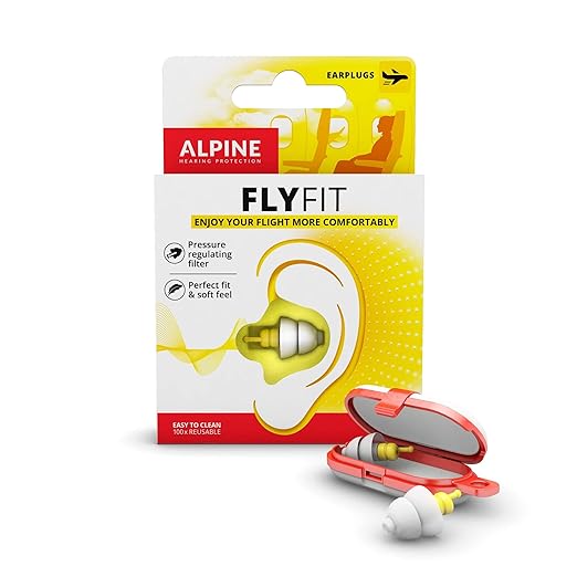 Alpine FlyFit - Earplugs for Pressure Relief & Preventing Ear Pain While Flying - Airplane Travel Essentials - Comfortable Reusable Hypoallergenic Earplugs with Ultra Soft Filter