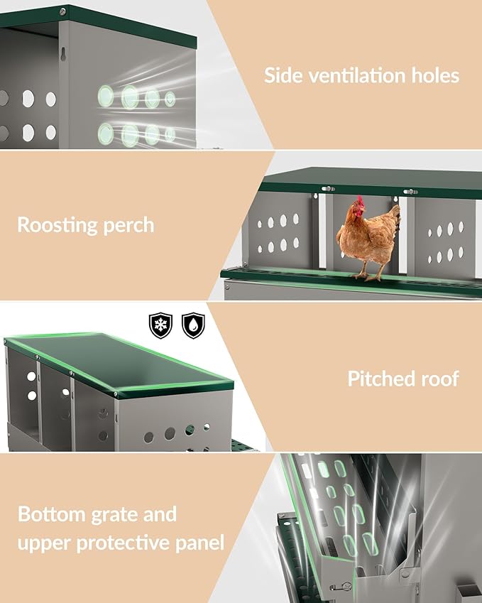 10-Hole Galvanized Metal Chicken Nesting Box with Egg Collection Tray/Fake Training Eggs, Rustproof Poultry Laying Box with Perch Rod,for Chicken Coops and Hens