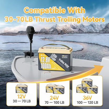 Power Queen 12V 100Ah LiFePO4 Battery Low-temp Protection Group 31, Deep Cycle Lithium Battery with 100A BMS, 1280Wh Energy, Up to 15000 Cycles for Trolling Motor Marine RV Solar (12V 100Ah, 2)
