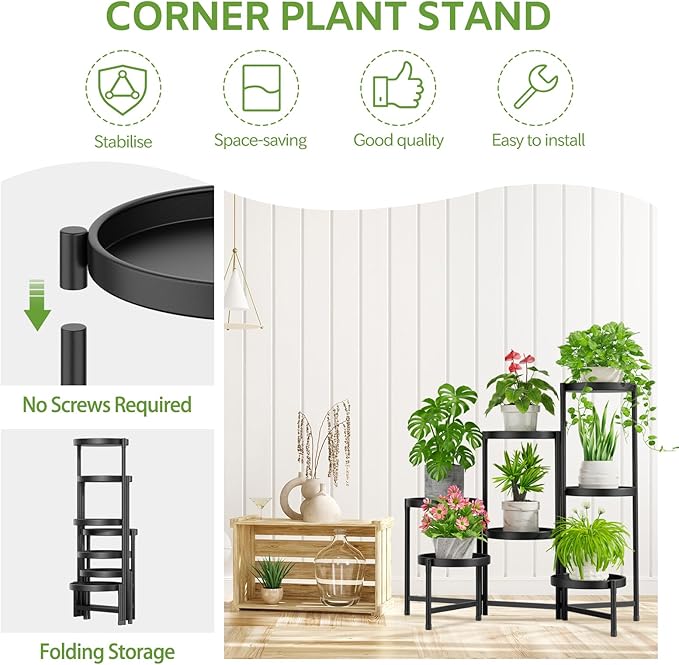 iDavosic.ly 7 Tier Large Plant Stand Indoor with 10 Inch Wide Tray, Tiered Corner Metal Outdoor Flower Display Holder Shelf, Folding Tall Rack for Patio Porch Living Room, Modern Black