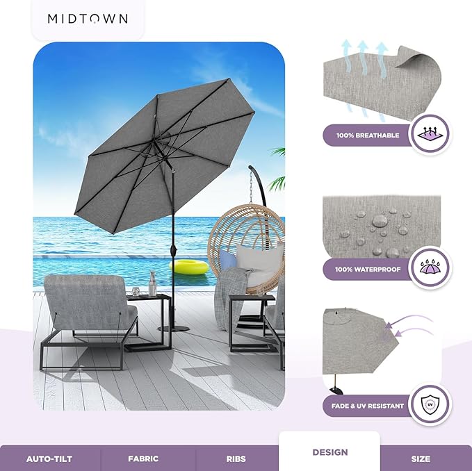 Midtown Umbrellas Sunbrella Umbrella 8 Feet Outdoor Umbrella With Sunbrella Cast Slate Acrylic Fabric - Auto-Tilt Aluminum Frame Patio Umbrella For Backyard, Deck, Garden, Pool - Black Pole