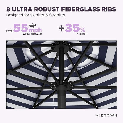 Midtown Umbrellas Push and Pop 9 Feet Outdoor Umbrella, Navy/White Stripes Polyester Fabric - Fiberglass Ribs Deck Patio Umbrella, Backyard Umbrella, Garden Umbrella & Pool Umbrella - Black Pole