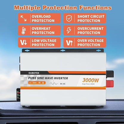 3000 Watt Pure Sine Wave Inverter, DC 12V to AC 120V with LCD Display, Remote Control, USB Port, 4 AC Outlets, and Terminal Block for RV Boat Camping Solar System and Home Use