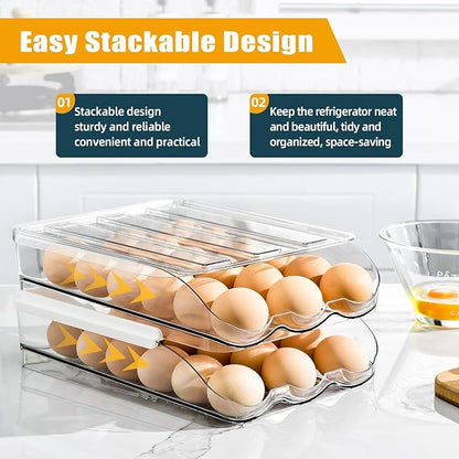 Egg Holder for Fridge, Rolling Egg Holder for Refrigerator, Egg Organizer for Refrigerator Clear Plastic Egg Dispenser with Removable Lid and Tray (2 Layer Holds 36 Eggs)
