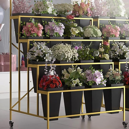 Flower Display Stand With 12PCS Buckets, 3 Layers Metal Plant Stand with Wheels, Heavy Duty Moving Plant Cart Shelf, for Indoor, Outdoor Patio Garden, Living Room, Florist (Black - Square Bucket)