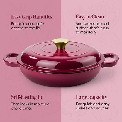 3 Quart Enameled Cast Iron Braiser, Non Stick Enameled Cast Iron Skillet with Lid, Dutch Oven Skillet with lid up to 500°F for Oven, Stove, Grill, Shallow Dutch Oven for Cook, Bake (Rose)