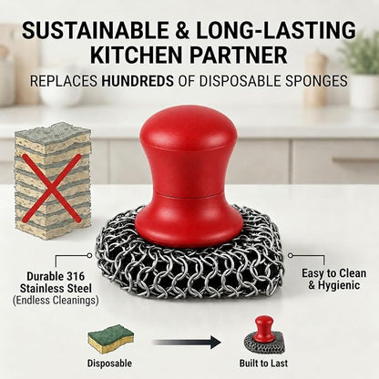 Cast Iron Scrubber and Scraper | 316 Chainmail Scrubber for Cast Iron Pan | Chain Mail Scrubber for Cast Iron Skillet Cleaner | Dishes Pots Wok Griddle Grill | Dish Scouring Pad Dishwasher Safe, Red1