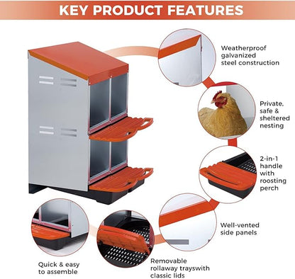 Chicken Nesting Boxes with Rollout Egg Collection – 4-Compartment Metal Hen Nest Box with Removable Trays, Slanted Roof & Ventilation, Wall Mount or Standing for Backyard Poultry Coop, Orange