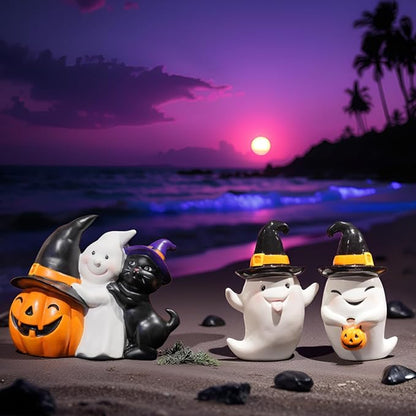 Halloween Decorations Ghost Statues Collectible-Figurines - Halloween Decor Indoor Cute Boo Ghost Sculpture Resin White Ghost With Black Hat Party Supplies Set of 2, 2.5*2*3.5 inch Newman House Studio