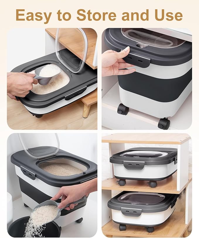 20-30 Lbs Rice Storage Container,Collapsible Food Storage Containers with Rolling Wheel Airtight Locking Lid,Flour Storage Container with Cup and Scoop,Suitable for Food,Rice,Pet Food,Flour