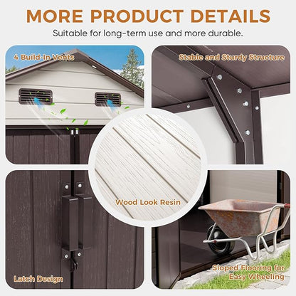 CDCASA 8x8 FT Resin Storage Shed with Floor Included, Large Waterproof Outside Plastic Storage Sheds with Base, 2 Adjustable Openable Windows,for Backyard Patio Lawn, Brown & Light Grey