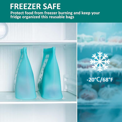 Extra Large Reusable Silicone Food Storage Bags 4 Pack, 0.8 Gallon/3000ml, 100% Silicone Stand-Up Wide-Open Zip-Lock Reusable Bags for Large Items, Microwave Freezer Oven Dishwasher Safe, Aqua