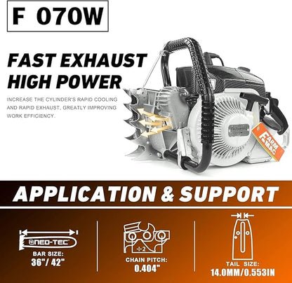 FARMMAC F070W Gas Chainsaw with 36 Inch Alloy Solid Bar, 105cc 2-Cycle Gasoline Power Chain Saws, 4.8KW 6.5HP Power Chain Saw for Milling Work, All Parts Compatible with MS070 090