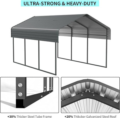 Heavy Duty Metal Carport, 10x15 Ft, Galvanized Steel Roof with Enhanced Base, Outdoor Car Shelter for Vehicles and Storage