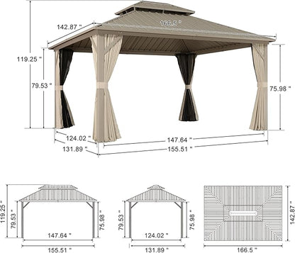 PURPLE LEAF 12' x 14' Outdoor Hardtop Gazebo, Champagne Aluminum Frame with Galvanized Steel Double Roof, Curtains and Netting for Patio Lawn and Garden