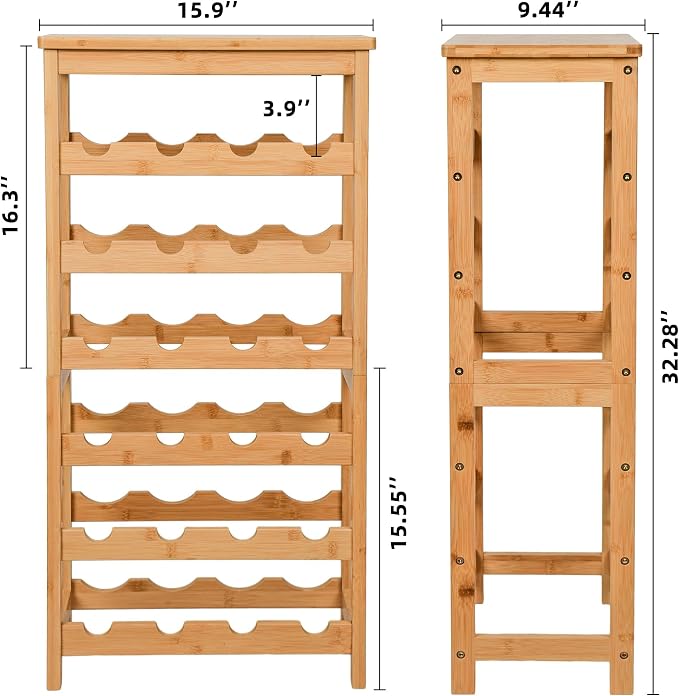 VASMIA Wine Rack Free Standing Floor, 6-Tier Display Wine Storage Shelves with Table Top, 24-Bottle Bamboo Wine Rack Shelf for Kitchen Bar Dining Room Living Room, Natural