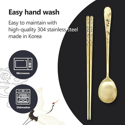 [2 Sets] [Made in Korea] Crane Painting Design Korean Table Sticky Rice Spoon and Chopsticks 304 Stainless Steel Gold Titanium Plated Mukbang Cutlery
