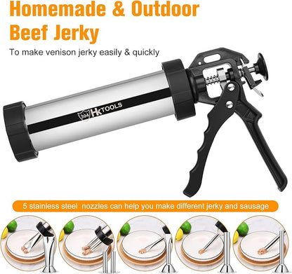 4rd Gen 2.1LB Jerky Gun Kits, Jerky Maker Gun, Beef Jerky Gun, Stainless Steel Sausage Stuffer Jerky Making Gun with 5 Stainless Nozzles, 2 Cleaning Brushes, 1 Stomper