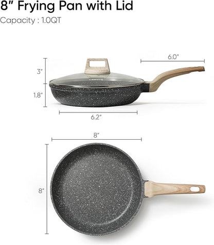 CAROTE Non Stick Frying Pan, 8 Inch Classic Granite Skillet with Glass Lid | Non Toxic Kitchen Cookware, Compatible with All Stovetop, PFOA Free