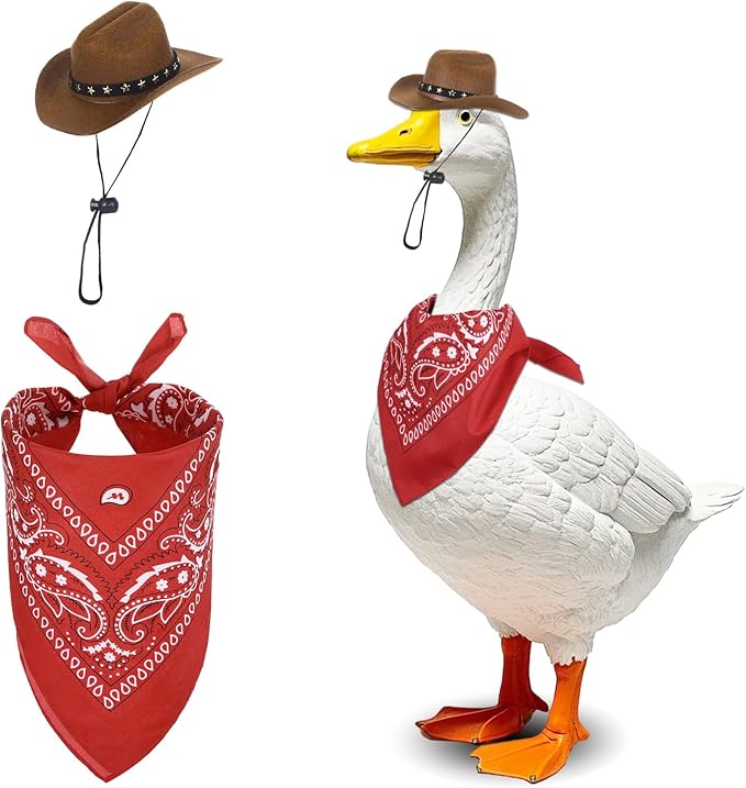 Porch Goose Outfits Western Cowboy Style, Lawn Cement Goose Clothes Outfits for Cement Goose Includes Adjustable Cowboy Hat and Scarf for 23/17″ Outdoor Statue (Brown,Red)
