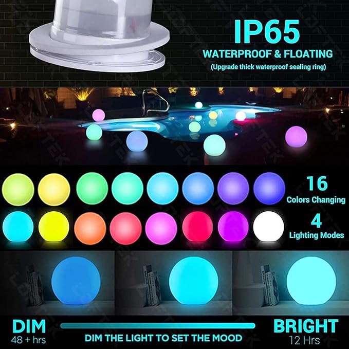 LOFTEK Pool LED Light Ball - 12-inch Sphere Lamp Rechargeable - 16 RGB Cool Lamp for Bedroom Ambient Lighting - Smart Night Light for Baby Nursery - Waterproof Light for Yard & Pool Decor, 1PCS