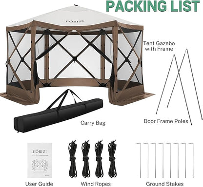 COBIZI 12x12ft Pop up Gazebo Screen Tent Screen House for Camping, Camping Outdoor Screened Gazebo with Mosquito Netting, Portable Hub Tent with Carrying Bag and Ground Stakes, Brown(Upgraded 2.0)
