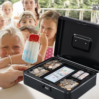 KYODOLED Metal Cash Box with Combination Lock Money Box for Cash Safe Metal Box with Money Tray for Security Lock Box 11.81"x 9.45"x 3.54" Black X Large