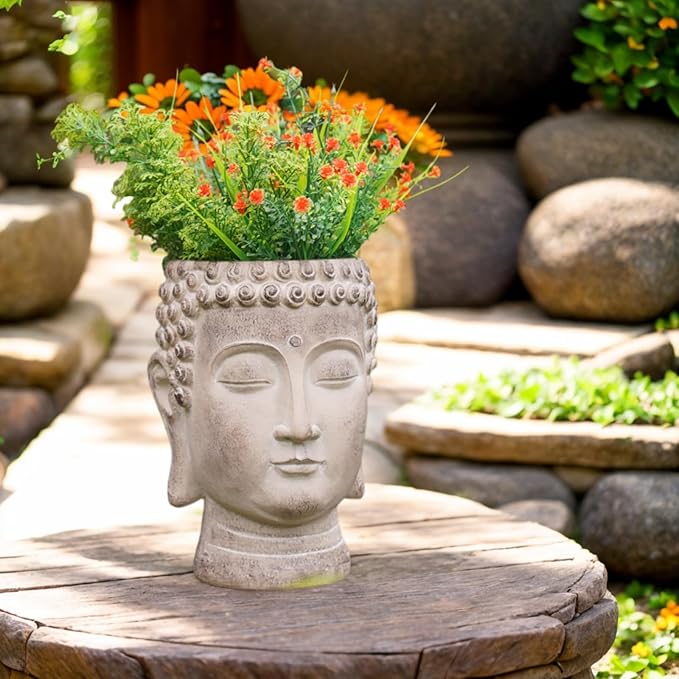Buddha - Face Flower Pot - Head Planters - Garden Statue - Cactus Succulents Planter Pot Indoor Outdoor Planter with Drainage Hole Unique Garden Farmhouse Decor 6.25*6.5*8.25 Inch Newman House Studio