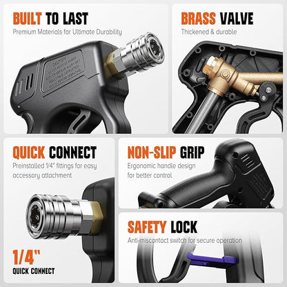 Short Pressure Washer Gun with Swivel 3/8" & M22-14mm Connect High Pressure Washer Handle with 5 Spray Nozzle, 1/4" Quick Connector Coupler Power Washer Gun Compatible with Foam Cannon