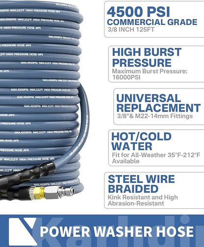 Pressure Washer Hose 125FT 3/8" for Cold and Hot Water 212°F, with Swivel Quick Connect, 4500PSI Kink Resistant Grade Steel Wire Braided, Power Washer Hose With 2pcs M22-14mm Adapter