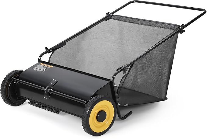 GAOMON 26-Inch Push Lawn Sweeper, Grass, Lawn and Leaf Cleanup Collector with Large 7 cu. ft. Hopper Bag, and Dual Spinning Brushes, Black