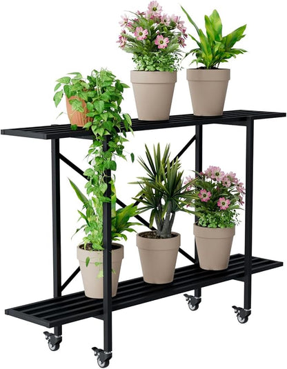 Zhongma 2 Tier Metal Sturdy Narrow Plant Stand with Wheels, Plant Stand Indoor and Outdoor, L45.67 x W10.3 x H29.9 inch, 440 LBS Capacity & Heavy Duty Construction.