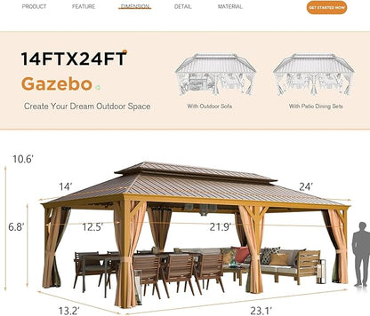 YOLENY 14'x24' Gazebo, Wooden Finish Coated Aluminum Frame Pergola with Double Galvanized Steel Hardtop Roof, Outdoor Permanent Metal Pavilion with Curtains and Nettings for Patio, Backyard and Deck