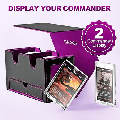 Card Deck Box for MTG, Double Card Storage Box with 2 Commander Display & 1 Dice Tray, Fits 200+ Double Sleeved Cards, Organizer for CCG TCG Sports Cards (Black Purple)