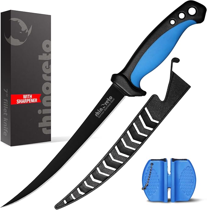 Rhinoreto Fillet Knife for Fish - Razor Sharp G4116 German Stainless Steel Blade, 7 Inch Professional Filleting & Boning Knife with Non-Slip Handle, Protective Sheath & Sharpener