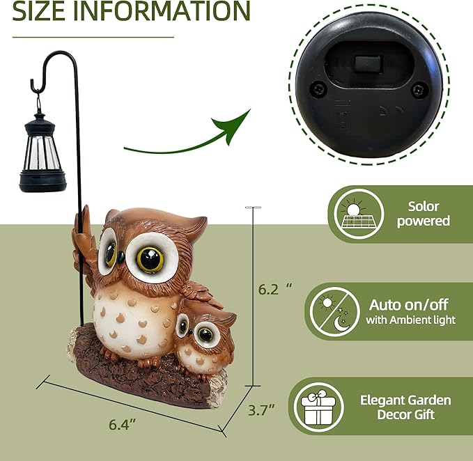 Garden Statues Owl with Solar LED Lantern, Resin Solar Garden Decor for Outside, Yard Decorations Outdoor for Patio, Porch, Balcony, Lawn Ornaments, House Warming Birthday Gifts for Mom Women Grandma