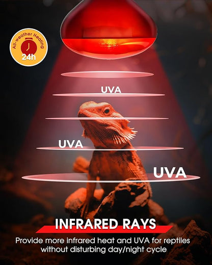 EvaStary 100W Infrared Heat Lamp Bulbs, 2 Pack UVA Reptile Basking Spot Light for Reptiles, Red Heat Lamp Bulb for Bearded Dragon,Turtle,Snake, Chickens, Pets