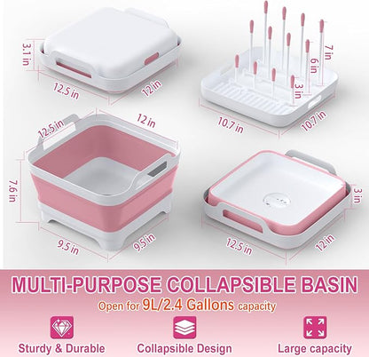 Yecuip Collapsible Baby Bottle Wash Basin w/Drying Rack & Drain Plug, Pink | 2.4 Gallon Foldable Dish Tub w/Handles,Portable RV Camping Sink & Space-Saving Wash Bin with Lid for Kitchen,Travel & Outdoor