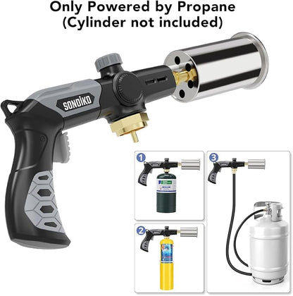 Sondiko Powerful Grill & Cooking Propane Torch L8010, Black & Grey | Sous Vide, Campfire Starter, Adjustable Weed Torch Burner for Searing Steak, BBQ & DIY, Propane Tank Not Included