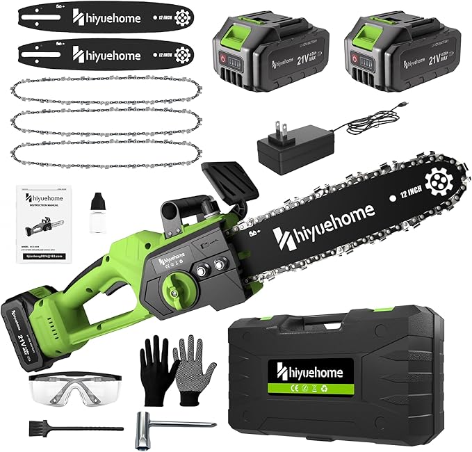 Mini Chainsaw 12inch, Chainsaw Cordless w Automatic Oiler, Handheld Electric Power Chain Saw w Security Lock, Brushless Motor,Chainsaws for Wood/Trees Trimming (Green - 2 batteries, 12 INch)