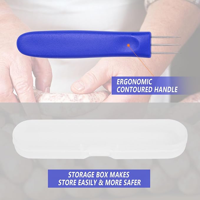 2 Pack 3-Prong Sausage Pricker, Stainless Steel Meat Needle Tool | 3-prong pricks prevent casing burst,Stainless steel, non-slip grip,2-pack for sausage making,Compact storage case included.