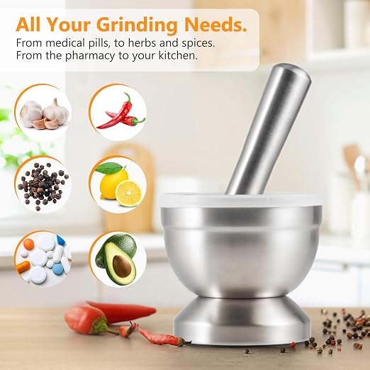 Tera 18/8 Stainless Steel Mortar and Pestle with Brush,Pill Crusher,Spice Grinder,Herb Bowl,Pesto Powder