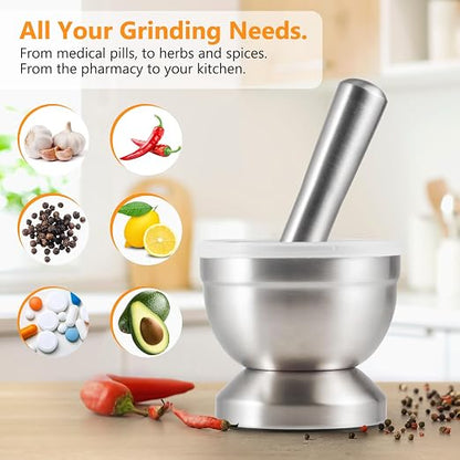 Tera 18/8 Stainless Steel Mortar and Pestle with Brush,Pill Crusher,Spice Grinder,Herb Bowl,Pesto Powder