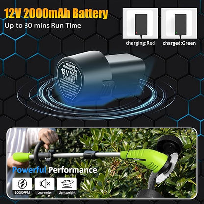 Electric Weed Wacker Cordless： String Trimmer with Roller 2Types Blades - 2.0Ah 12V Battery Powered Lightweight Grass Cutter/Mower for Yard and Garden, Green