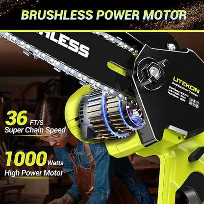 Brushless Mini Chainsaw with 1000W High Power Motor, 36 FT/S 6Inch Cordless Power Chainsaw with Auto-Oil System, 2025 Upgraded 20V Electric Chain Saw with 2x2000mAh Battery & Quick Charger, 3 Chains