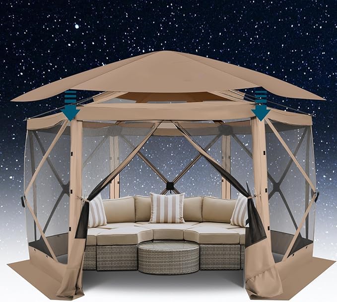 COBlZl Pop Up Gazebo 12x12 Screen House Tent for Camping, Outdoor Instant Stargazing Gazebo Canopy with Awning 2.0, Portable Hub Tent with Mosquito Netting, Pavilion for Backyard,Khaki