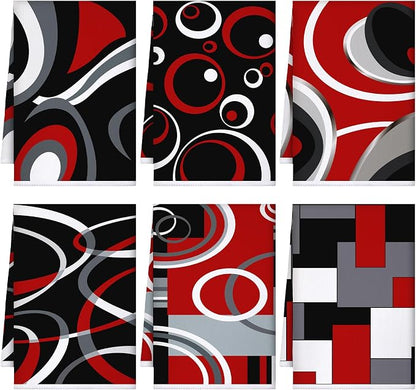 Boyiee 6 Pcs Modern Geometric Kitchen Towels | Red Black Grey White Dish Hand Towels 24 x 16 Inches Gifts Decorative Tea Cloth Gifts for Farmhouse Kitchen Bathroom Decor