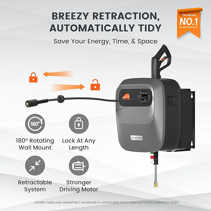 Giraffe Tools Grandfalls Retractable Pressure Washer G20B, 2500 PSI 2.2 GPM, Wall Mounted Power Washer with 65FT Hose Reel, Black Pressure Hoses, 4 Nozzles for Floor/Cars/Fences/Patios, Dark Silver