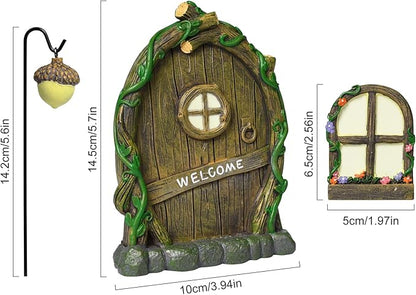 Resin Fairy Door and Window with Lantern for Trees,Glow in The Dark,Miniature Fairy Garden Accessories,Garden Outdoor Decorations for Trees,Gnomes House,Elf House
